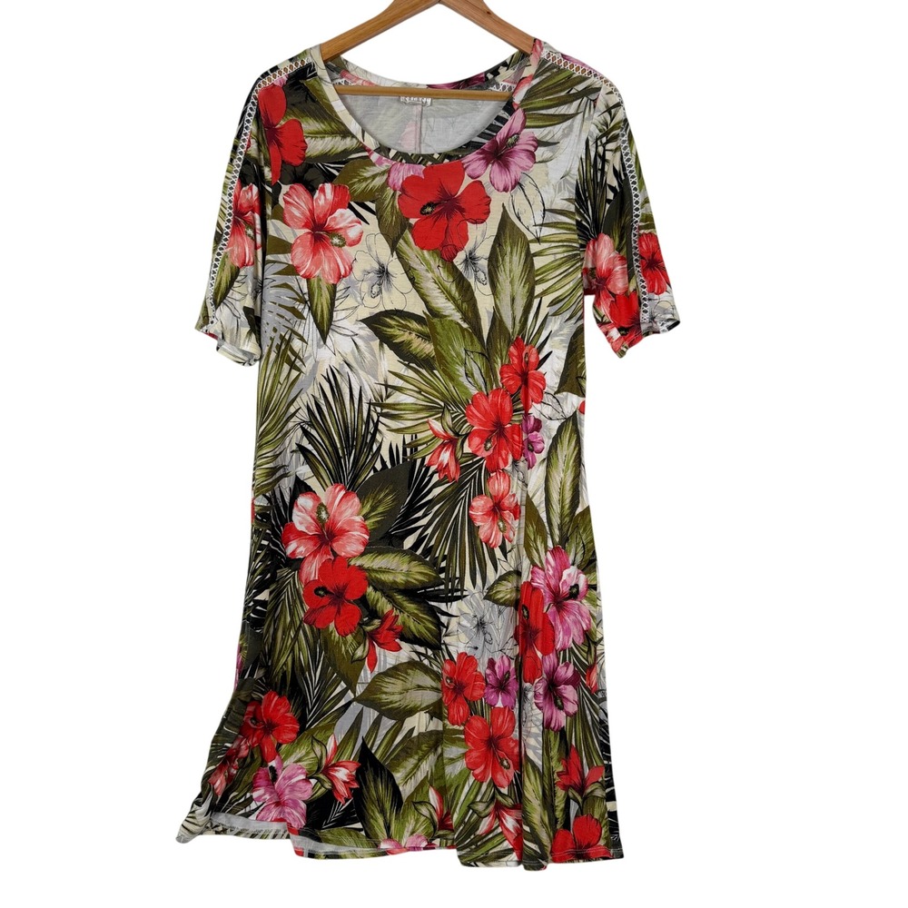Spense Tropical Floral Dress Women XL Multicolor Shift Hibiscus Ladder Lace Trim